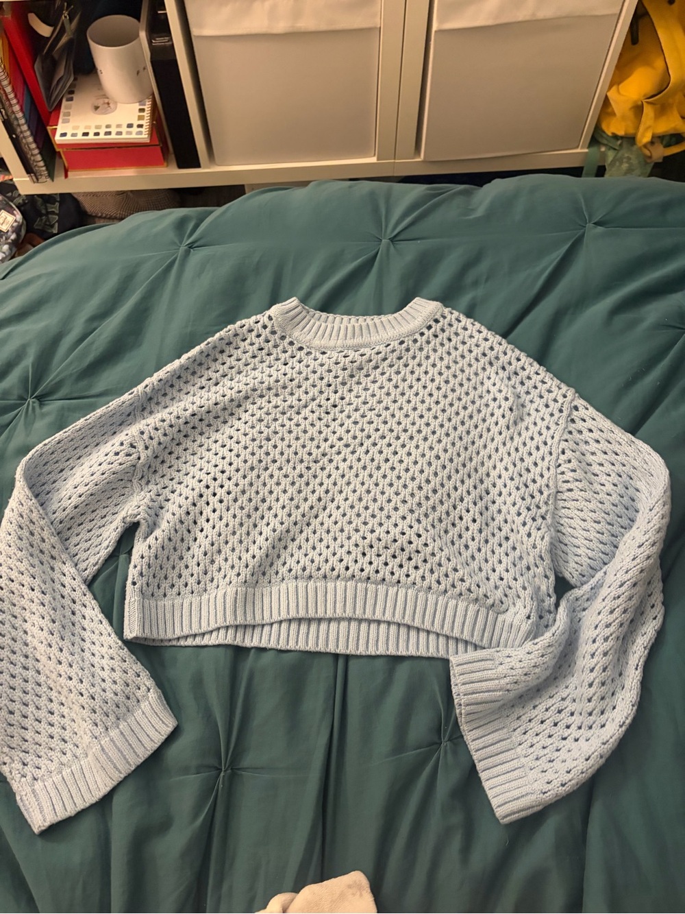 H&M Pale Blue Open-Knit Cropped Crewneck Sweater